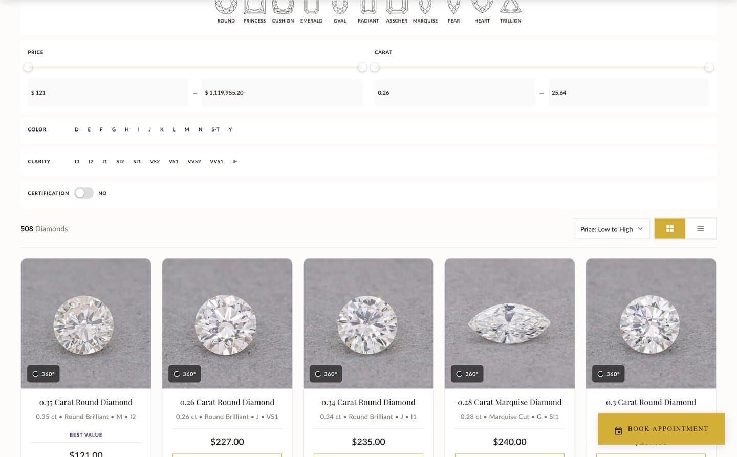 Diamond browse page: 508 diamonds with shape, carat, color, and clarity filters, a 360 badge on each card, and a book appointment button