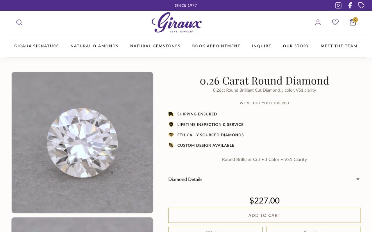 Giraux product page on desktop: round diamond with specs, service guarantees, price, and add to cart