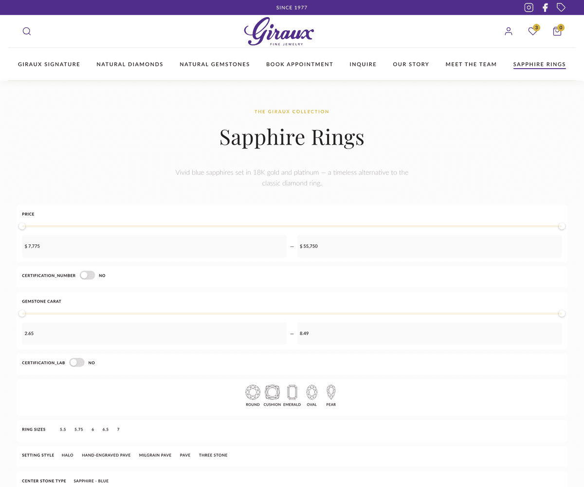 Sapphire Rings collection page with price, carat, certification, ring size, and setting filters driven by product metafields