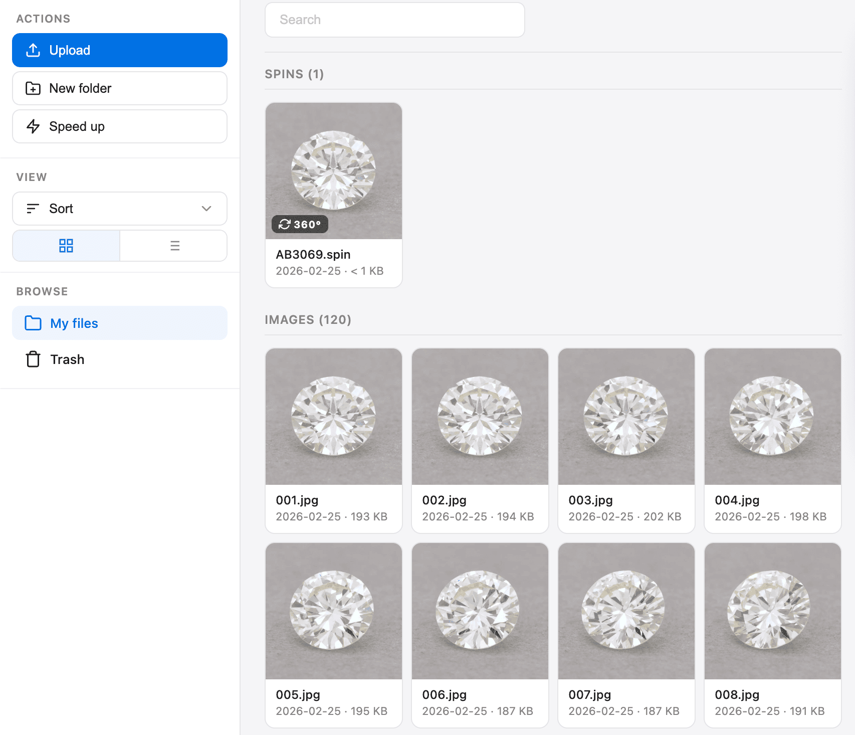 Content view: 1 .spin file and 120 diamond images inside a single product folder