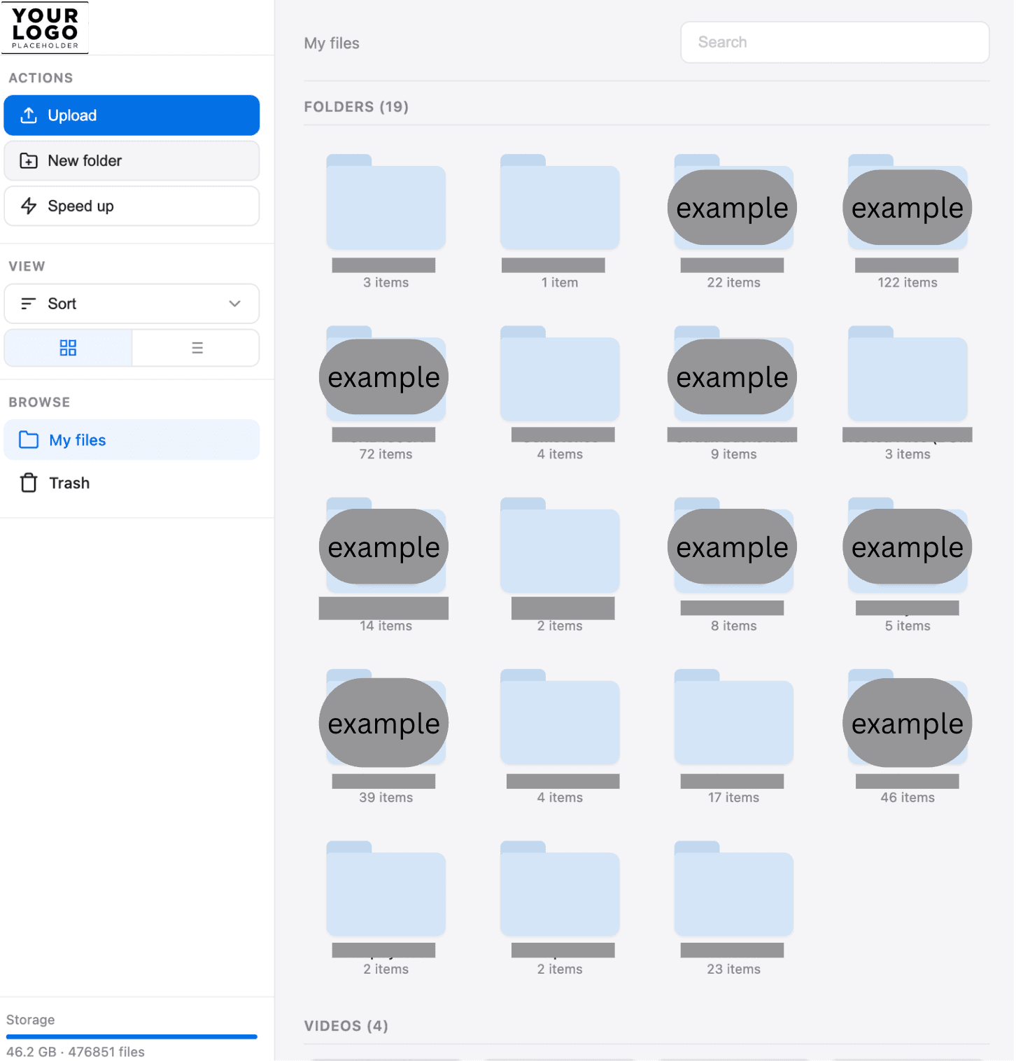 Folder structure: 19 client folders, 46 GB across 476,851 files