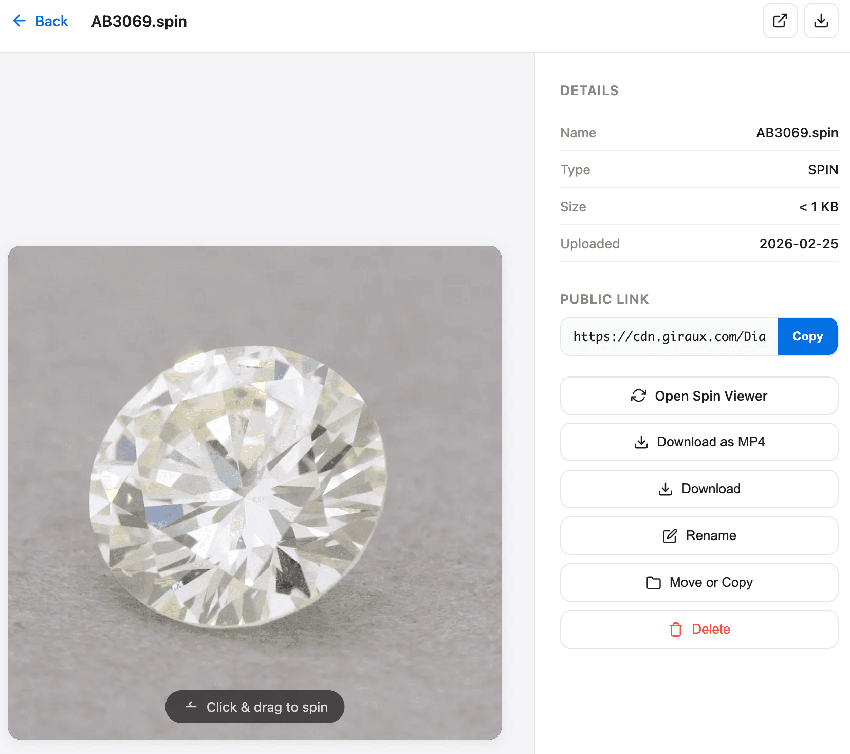 Detail page: AB3069 spin viewer with public CDN link, MP4 export, rename, and move actions