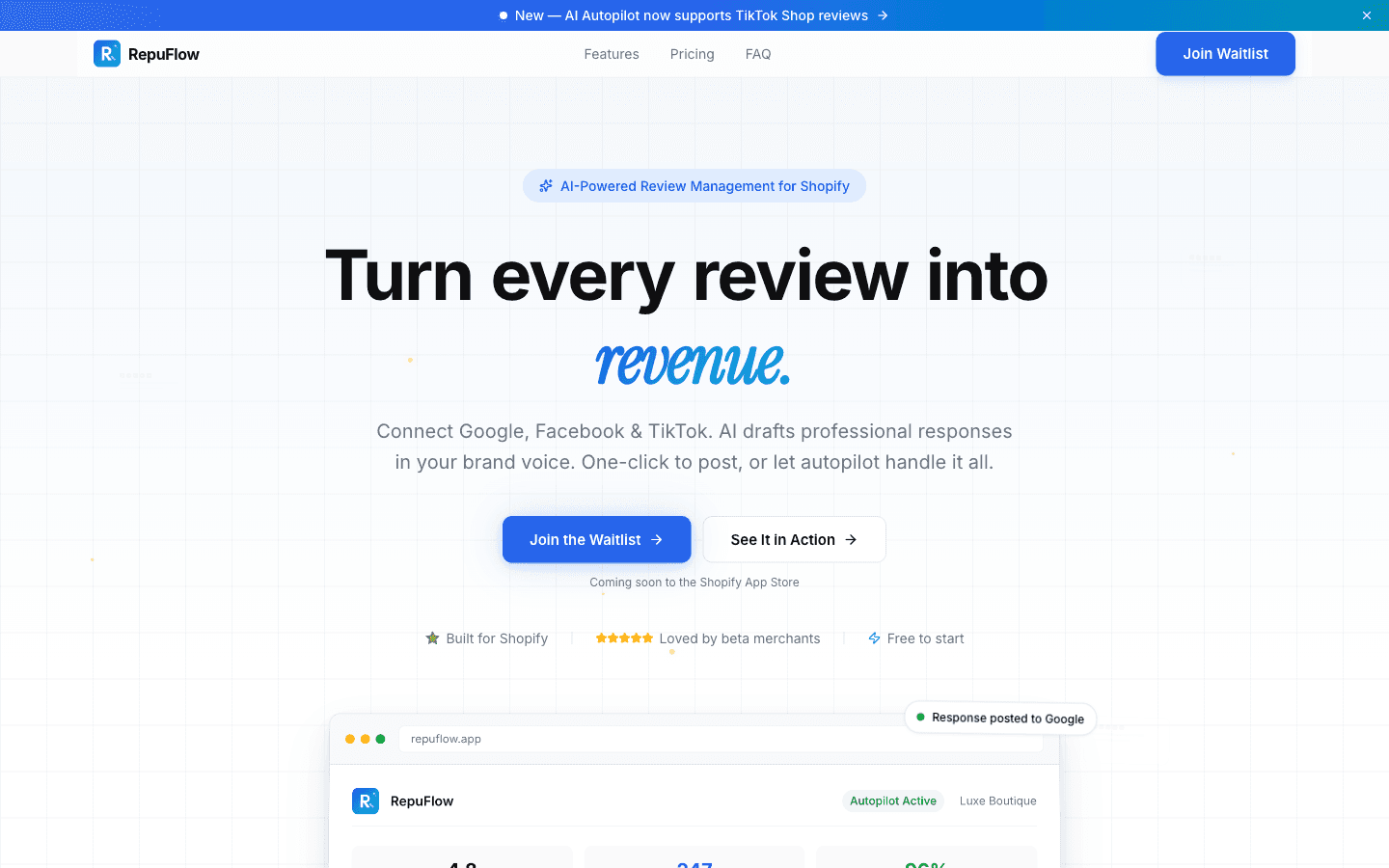 RepuFlow AI: AI-powered review management for Shopify landing page